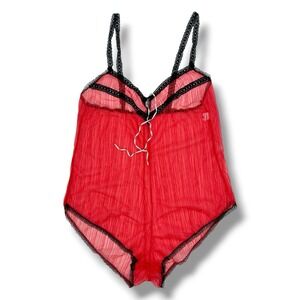 VTG 90s Sheer Teddy Red Lingerie Bodysuit L Lace Babydoll Coquette Delicate Y2K